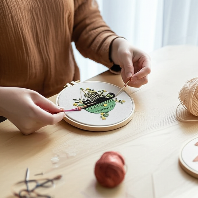 Embroidery Kit for Beginners DIY Adult Beginner Embroidery Kits with Cat Plant Flower Pattern Needles Threads Instructions - gallery 1