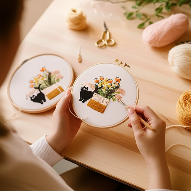 Embroidery Kit for Beginners DIY Adult Beginner Embroidery Kits with Cat Plant Flower Pattern Needles Threads Instructions - gallery 1