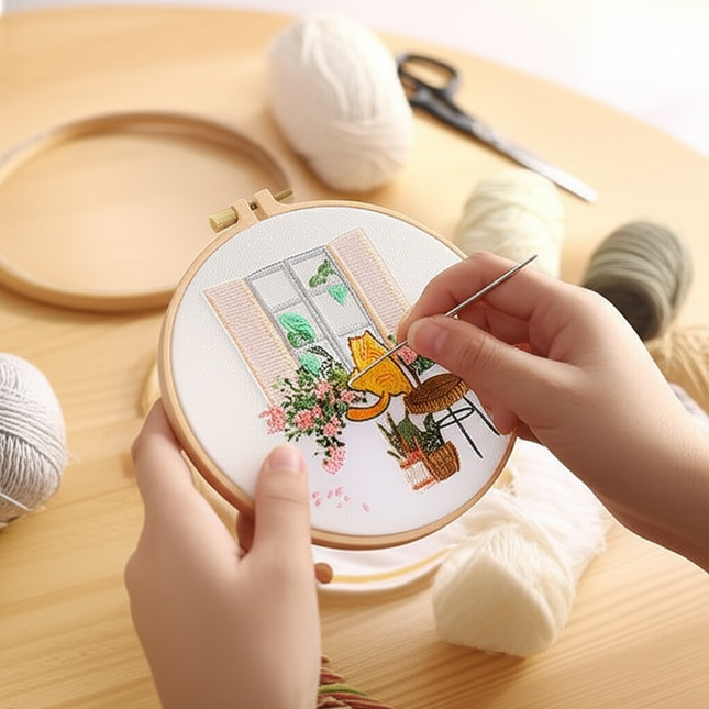 Embroidery Kit for Beginners DIY Adult Beginner Embroidery Kits with Cat Plant Flower Pattern Needles Threads Instructions - gallery 1