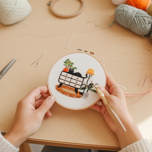 Embroidery Kit for Beginners DIY Adult Beginner Embroidery Kits with Cat Plant Flower Pattern Needles Threads Instructions - gallery 1