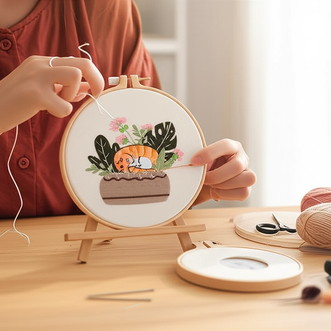 Embroidery Kit for Beginners DIY Adult Beginner Embroidery Kits with Cat Plant Flower Pattern Needles Threads Instructions - gallery 1