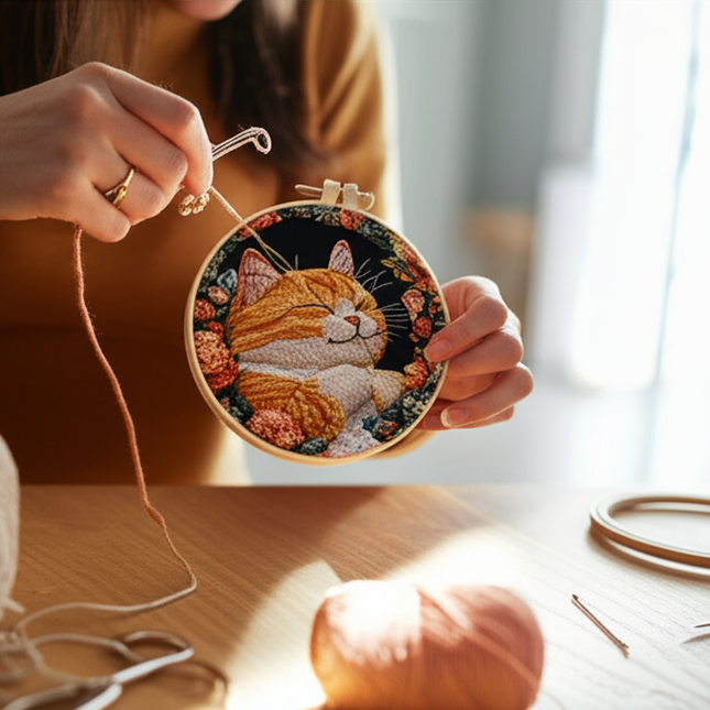 Cat Flower Black Cloth Pattern Embroidery Set with Needle Instruction Stamped Clothes Kit for Room Decor Perfect Handmade Gift - gallery 1