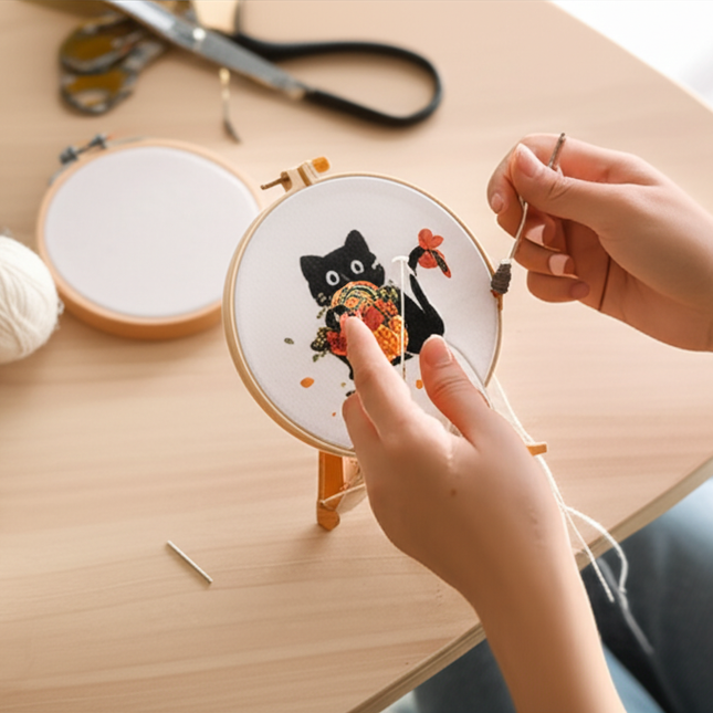 Moon and Black Cat Flower Embroidery Kit with Stamped Cloth,Thread, Needle, EN Instructions DIY Craft Present Teenager - gallery 1