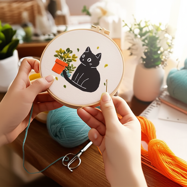 Moon and Black Cat Flower Embroidery Kit with Stamped Cloth,Thread, Needle, EN Instructions DIY Craft Present Teenager - gallery 1