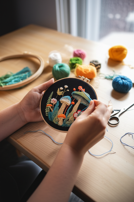 3D Mushroom Flower Black Cloth Pattern Embroidery Kit Set with Needle Instruction Stamped Clothes Kit for Room Decor 2025 - gallery 1