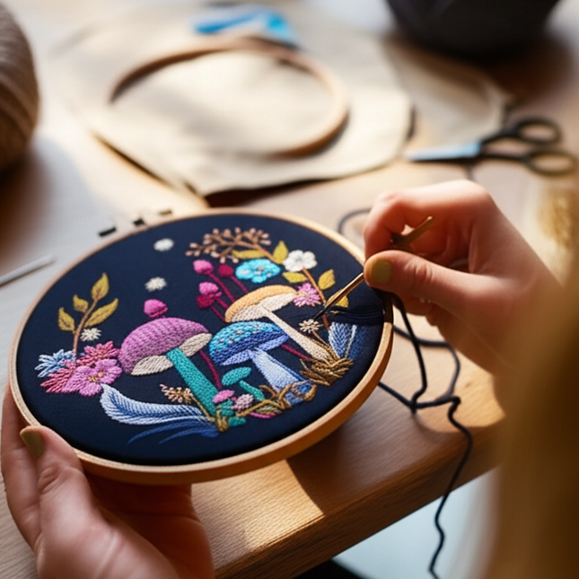 3D Mushroom Flower Black Cloth Pattern Embroidery Kit Set with Needle Instruction Stamped Clothes Kit for Room Decor 2025 - gallery 1