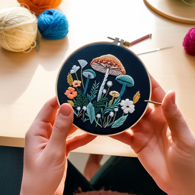 3D Mushroom Flower Black Cloth Pattern Embroidery Kit Set with Needle Instruction Stamped Clothes Kit for Room Decor 2025 - gallery 1