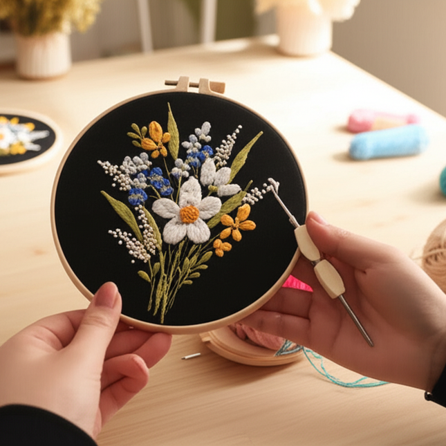 Bouquet Flower Embroidery Kit with EN Instruction, Thread, Needles, Stamped Cloth with Flower Pattern DIY Craft - gallery 1