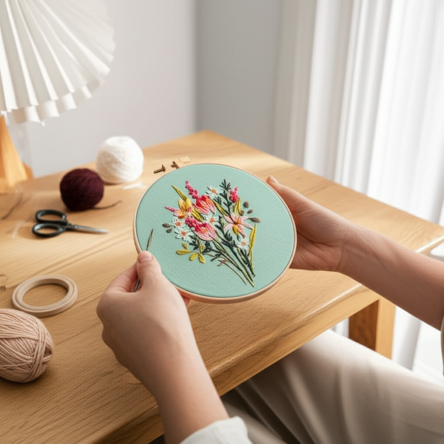 Bouquet Flower Embroidery Kit with EN Instruction, Thread, Needles, Stamped Cloth with Flower Pattern DIY Craft - gallery 1