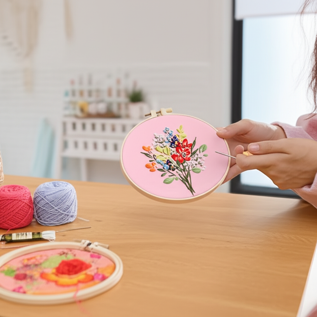 Bouquet Flower Embroidery Kit with EN Instruction, Thread, Needles, Stamped Cloth with Flower Pattern DIY Craft - gallery 1