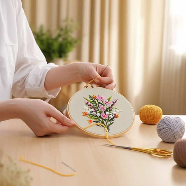 Bouquet Flower Embroidery Kit with EN Instruction, Thread, Needles, Stamped Cloth with Flower Pattern DIY Craft - gallery 1