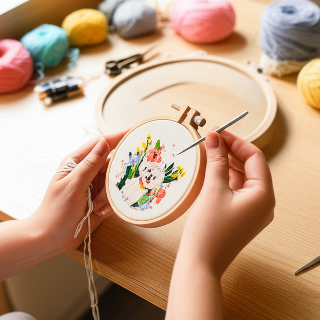 Cute Dog with Flower Pattern Embroidery Kit with EN Instructions,Thread, Needle, Stamped Cloth for DIY Craft - gallery 1