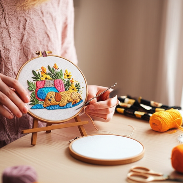 Cute Dog with Flower Pattern Embroidery Kit with EN Instructions,Thread, Needle, Stamped Cloth for DIY Craft - gallery 1