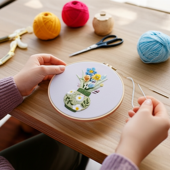 Flower in Vase Fresh Graceful Embroidery Kit with Pre-printed Pattern, EN Instructions,Needle,Thread for Room Decor Gift - gallery 1