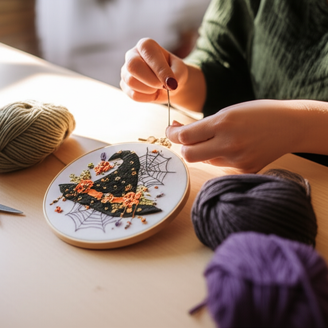 Halloween-themed pattern hand-embroidery DIY set material package, the set includes needles, threads, embroidery strips, and an - gallery 1