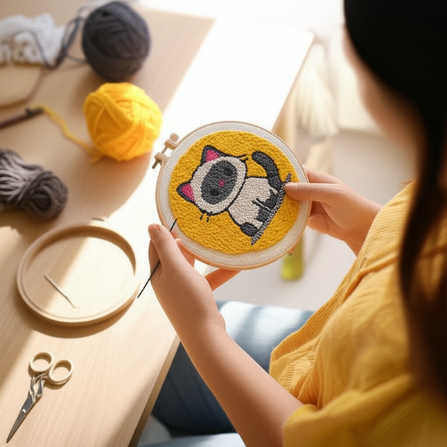 Cute Cat Punch Needle Starter Kits Soft Yarn Punch Needle Embroidery Kit Easy Embroidery Needlework Wool Work Home Decor - gallery 1