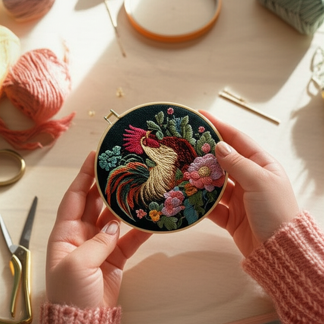 Rooster Broidery Kit with Flower CockEmbroidery Kit for Beginners Needles Enough Embroidery Thread - gallery 1