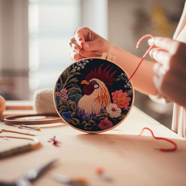 Rooster Broidery Kit with Flower CockEmbroidery Kit for Beginners Needles Enough Embroidery Thread - gallery 1