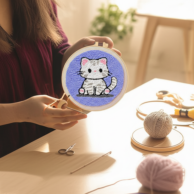 Cute Cat Punch Needle Starter Kits Soft Yarn Punch Needle Embroidery Kit Easy Embroidery Needlework Wool Work Home Decor - gallery 1
