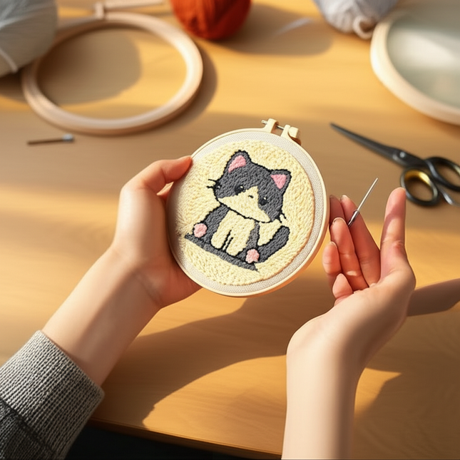 Cute Cat Punch Needle Starter Kits Soft Yarn Punch Needle Embroidery Kit Easy Embroidery Needlework Wool Work Home Decor - gallery 1