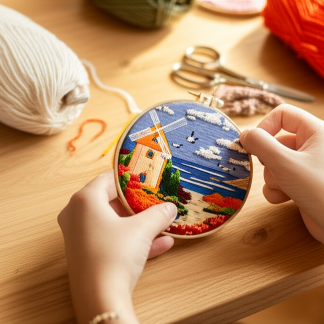 Landscape Stamped Cross Stitch Embroidery Kits with Hoop Cloth Color Thread - gallery 1