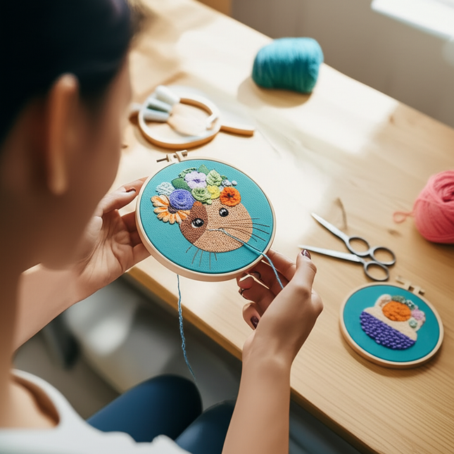 Cat Flower Stamped Cross Stitch Embroidery Kits with Hoop Cloth Color Thread - gallery 1