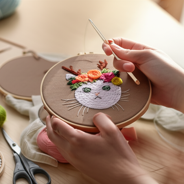 Cat Flower Stamped Cross Stitch Embroidery Kits with Hoop Cloth Color Thread - gallery 1