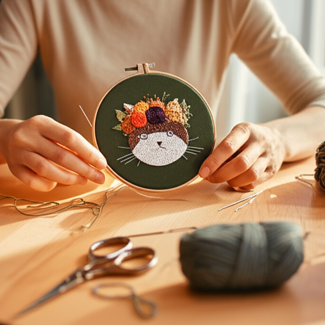 Cat Flower Stamped Cross Stitch Embroidery Kits with Hoop Cloth Color Thread - gallery 1