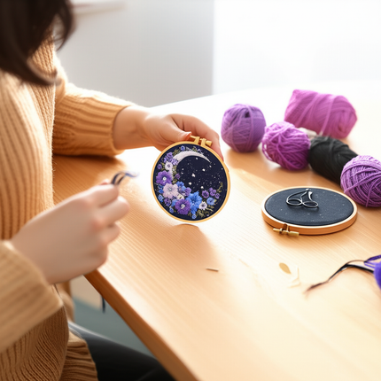 1 piece embroidery kit, 20x20cm/7.9x7.9 inches, flower and moon, handmade DIY embroidery kit suitable for adults and beginners, - gallery 1