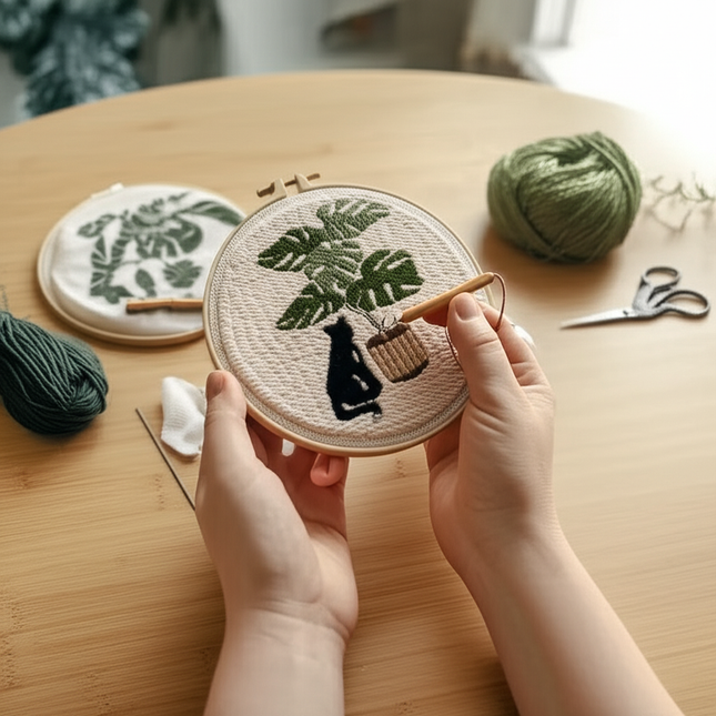 Punch Needle Embroidery Starter Kits Themed Green Tree Black Cat Pattern Needle Kits Beginners for Craft Lover Home Decor - gallery 1