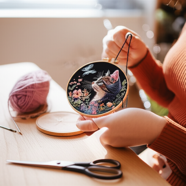 DIY Cat and Flower Embroidery Kit for Beginners Complete Handmade Cross Stitch Kit Mixing Colors Fabric Materials and Animal - gallery 1