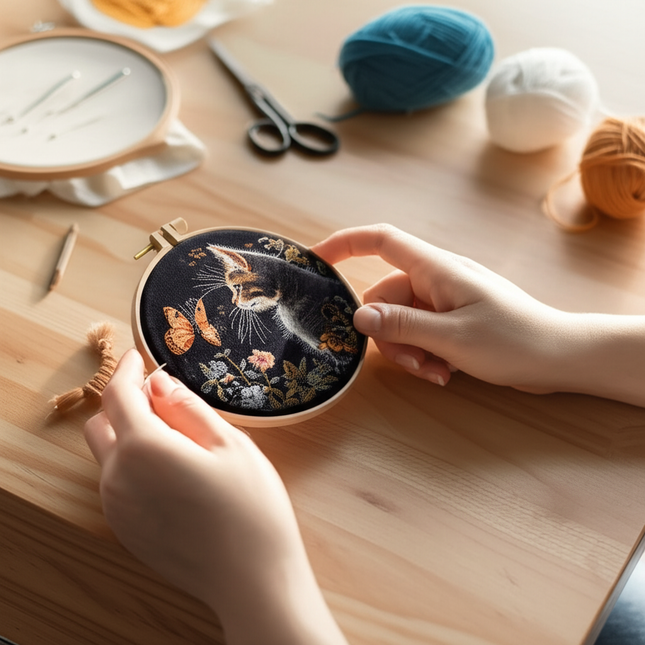 DIY Cat and Flower Embroidery Kit for Beginners Complete Handmade Cross Stitch Kit Mixing Colors Fabric Materials and Animal - gallery 1