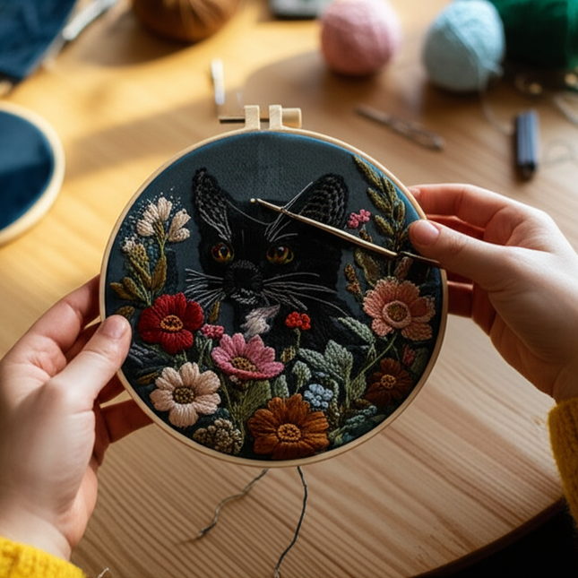 DIY Cat and Flower Embroidery Kit for Beginners Complete Handmade Cross Stitch Kit Mixing Colors Fabric Materials and Animal - gallery 1