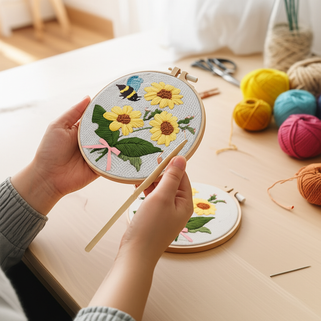 DIY Embroidery Kits For Beginner Craft Punch Needle Set Rug for Starter Kits with Stamped Sunflower Pattern Fabric Yarn Hoop - gallery 1