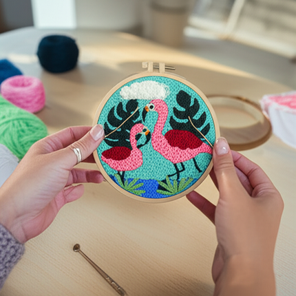 ﻿ Punch Poke Needle Embroidery Starter Kits Craft Dolphin Swan Flamingo Kids Children Funny Easy DIY Needlework Set For Beginner - gallery 1