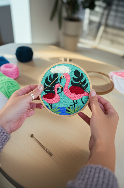 ﻿ Punch Poke Needle Embroidery Starter Kits Craft Dolphin Swan Flamingo Kids Children Funny Easy DIY Needlework Set For Beginner - gallery 1