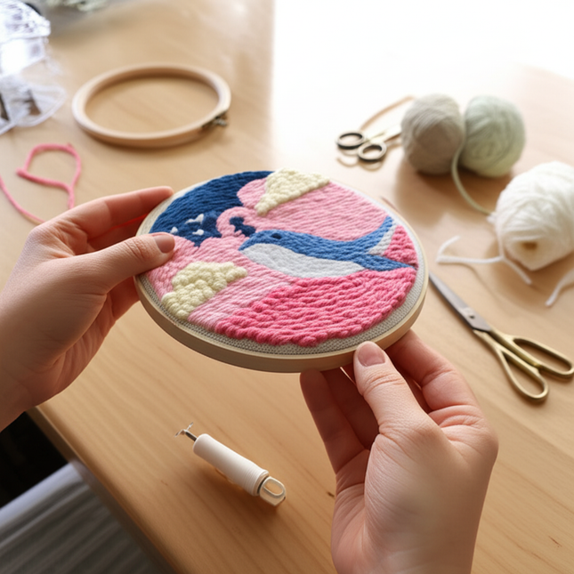 ﻿ Punch Poke Needle Embroidery Starter Kits Craft Dolphin Swan Flamingo Kids Children Funny Easy DIY Needlework Set For Beginner - gallery 1
