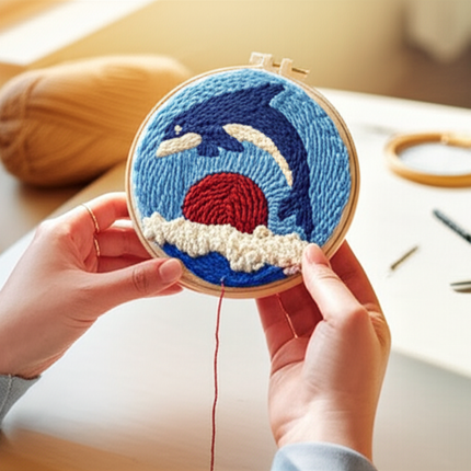 ﻿ Punch Poke Needle Embroidery Starter Kits Craft Dolphin Swan Flamingo Kids Children Funny Easy DIY Needlework Set For Beginner - gallery 1