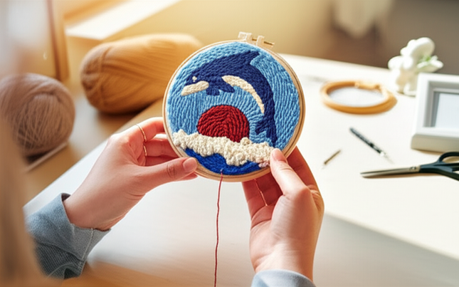 ﻿ Punch Poke Needle Embroidery Starter Kits Craft Dolphin Swan Flamingo Kids Children Funny Easy DIY Needlework Set For Beginner - gallery 1