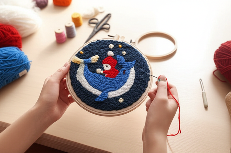 ﻿ Punch Poke Needle Embroidery Starter Kits Craft Dolphin Swan Flamingo Kids Children Funny Easy DIY Needlework Set For Beginner - gallery 1