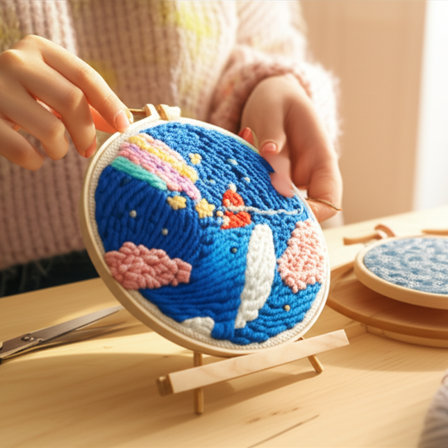 ﻿ Punch Poke Needle Embroidery Starter Kits Craft Dolphin Swan Flamingo Kids Children Funny Easy DIY Needlework Set For Beginner - gallery 1