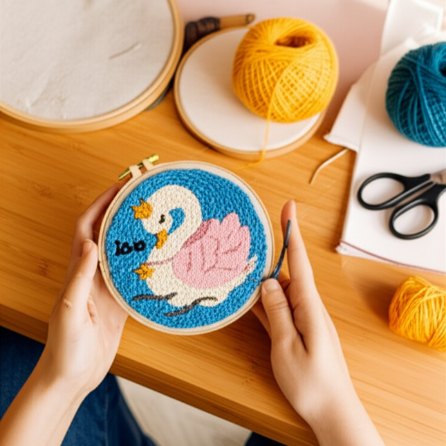 ﻿ Punch Poke Needle Embroidery Starter Kits Craft Dolphin Swan Flamingo Kids Children Funny Easy DIY Needlework Set For Beginner - gallery 1