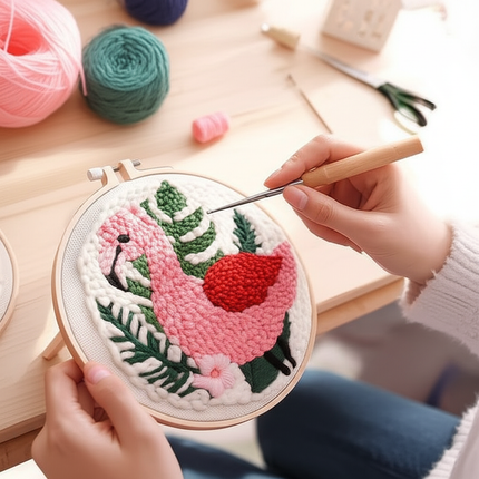 ﻿ Punch Poke Needle Embroidery Starter Kits Craft Dolphin Swan Flamingo Kids Children Funny Easy DIY Needlework Set For Beginner - gallery 1