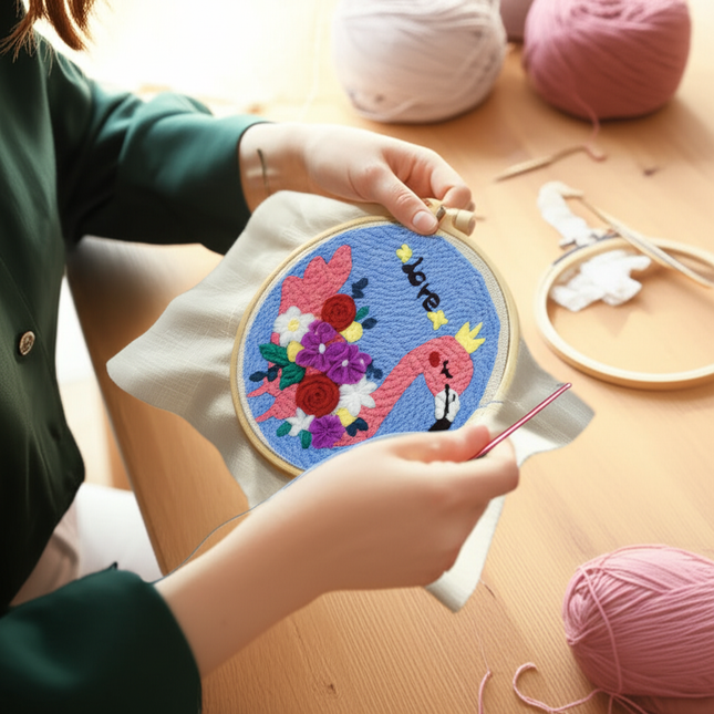 ﻿ Punch Poke Needle Embroidery Starter Kits Craft Dolphin Swan Flamingo Kids Children Funny Easy DIY Needlework Set For Beginner - gallery 1