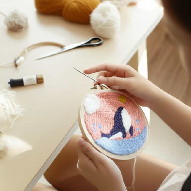 ﻿ Punch Poke Needle Embroidery Starter Kits Craft Dolphin Swan Flamingo Kids Children Funny Easy DIY Needlework Set For Beginner - gallery 1