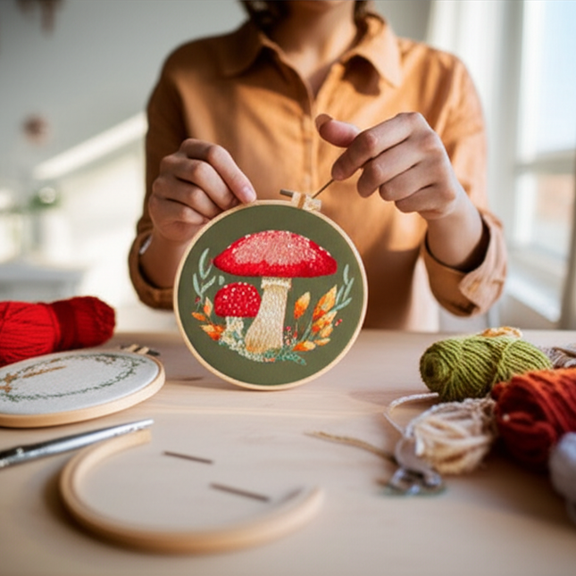Mushroom Embroidery Kit DIY Needlework Free Happy Needlecraft for Beginner Cross Stitch Artcraft Tools Punch Needle Hoop Ring - gallery 1