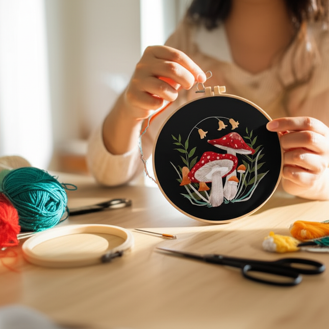Mushroom Embroidery Kit DIY Needlework Free Happy Needlecraft for Beginner Cross Stitch Artcraft Tools Punch Needle Hoop Ring - gallery 1