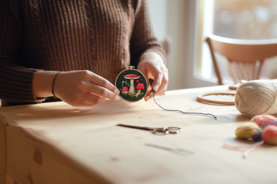 Mushroom Embroidery Kit DIY Needlework Free Happy Needlecraft for Beginner Cross Stitch Artcraft Tools Punch Needle Hoop Ring - gallery 1