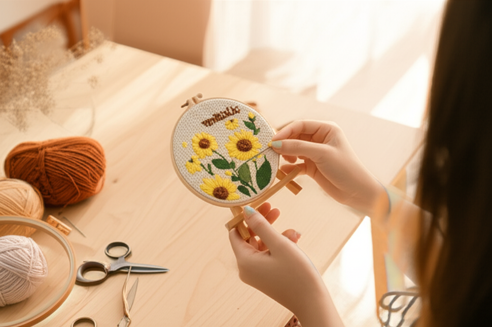 Sunflower Embroidery StarterKit Magic Punch Needle For Home Decoration European Style Instructions Cross Stitch Set With Hoops - gallery 1