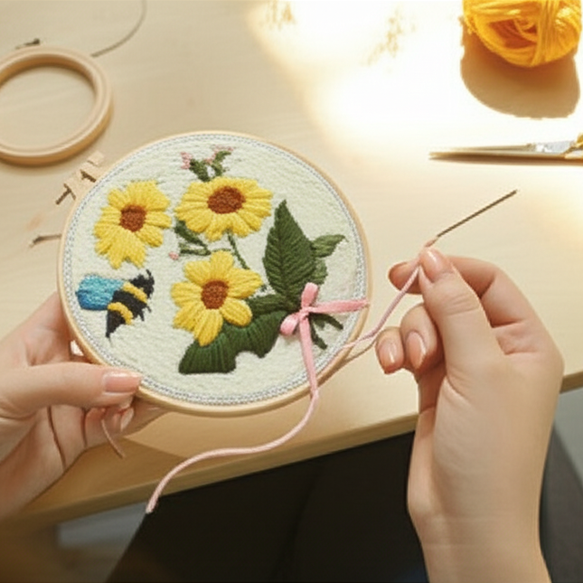 Sunflower Embroidery StarterKit Magic Punch Needle For Home Decoration European Style Instructions Cross Stitch Set With Hoops - gallery 1